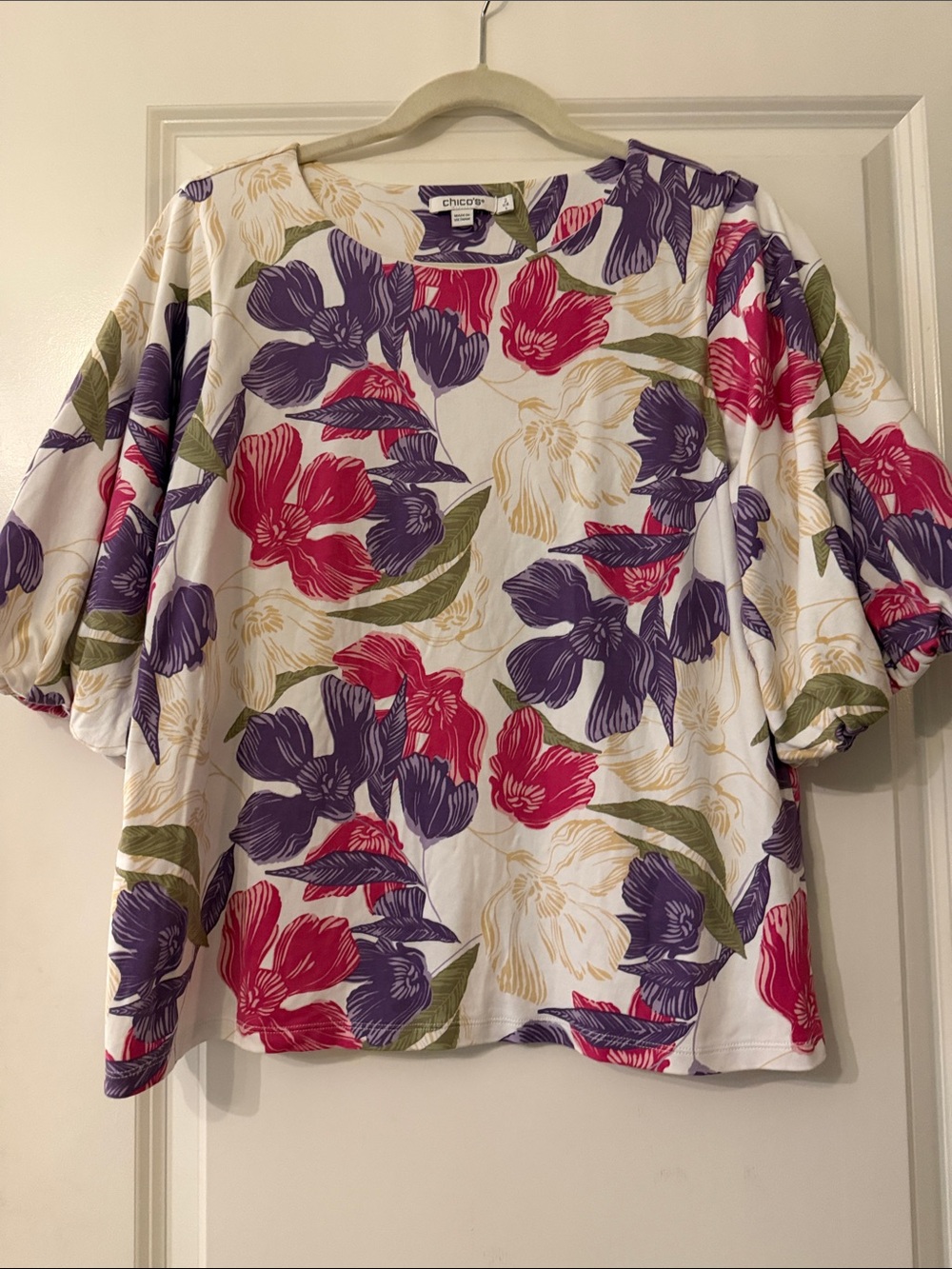 Chico's White Floral Puff-Sleeve Tunic — Purple, Pink & Green